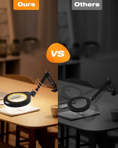 Magnifying Glass with Light, 10X & 5X Real Glass & Anti-Glare Lens, 5 Color Mode Stepless Dimmable LED Desk Magnifying Lamp, Hands-Free Desk Lamp with Clamp for Crafts Reading Repair Hobby (Yellow)