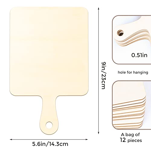 12 PCS Wooden Mini Cutting Board with Handle,Rectangle Unfinished Wood Craft Paddle Serving Tray Chopping Board Cutout for DIY Thanksgiving Christmas Home Kitchen Fruit Decor (9.1 x 5.5 Inch)