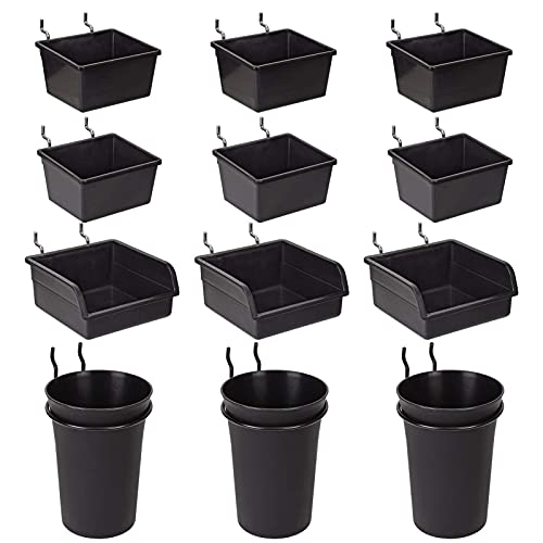 Pegboard Bins PegBoard Cups with Hooks & Loops 12 Pack Set, Peg Hooks Assortment Organizer Accessory, Various Tools Storage Arrange System Kit, for Garage Craft Workshop Workbench Hobby Office