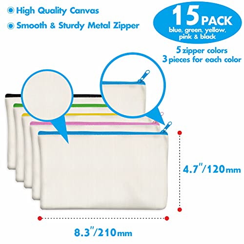 15 Pieces Canvas Colorful Zipper Bags, DIY Craft Bags Travel Canvas Makeup Pouches for Cosmetic Toiletry Stationery Storage (Beige, 8.3” x 4.7”) …