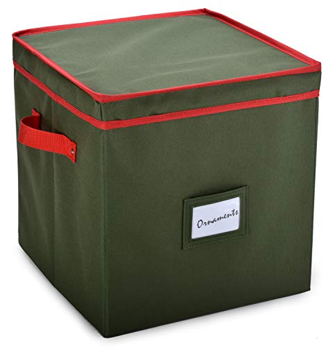 Christmas Ornament Storage - Stores up to 64 Holiday Ornaments, Adjustable Dividers, Covered Top, Two Handles. Attractive Storage Box Keeps Holiday Decorations Clean and Dry for Next Season. (Green)