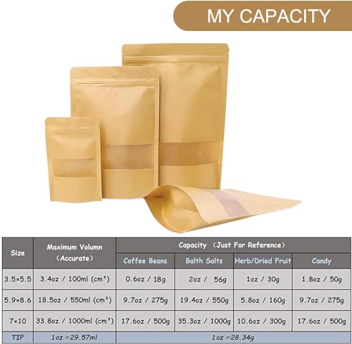 Moretoes Stand Up Pouches, Kraft Paper Bags with Window for Coffee, Brown Resealable and Ziplock Stand Up Bags for Home or Business, 7×10 Inches for Packaging, 72pcs