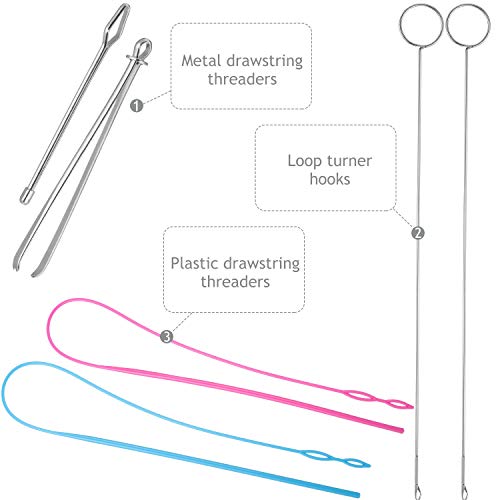 6 Pieces Sewing Loop Kit, Include Loop Turner Hook Flexible Drawstring Threader Metal Tweezers Long Loop Turner Tool with Latch for Fabric Belts Strips DIY Knitting Accessories