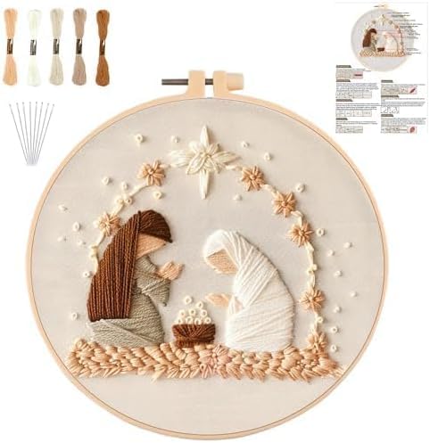 Nativity Scene Embroidery kit,Christmas Cross Stitch Kits,DIY Embroidery Kit for Adults with Pattern,Cotton Threads,Needles,Instruction,20cm Hoop,for Decor Home Room (Manger)