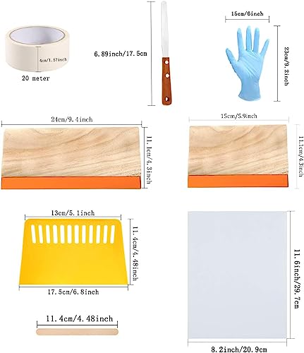 Caydo 23 Pieces Screen Printing Starter kit Include 3 Different Size of Wood Silk Screen Printing Frame with Mesh, Screen Printing Squeegees, Inkjet Transparency Film, Ink Knife, and Mask Tape