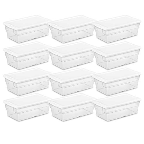 Sterilite 6 Qt Storage Box, Stackable Bin with Lid, Plastic Container to Organize Shoes and Crafts on Closet Shelves, Clear with White Lid, 12-pack