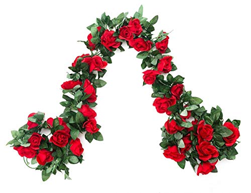 SWSTINLING 2 Pack (16FT) Artificial Rose Vine Flowers Plants Fake Flower Vine for Wedding Home Party Garden Craft Art Decor Red