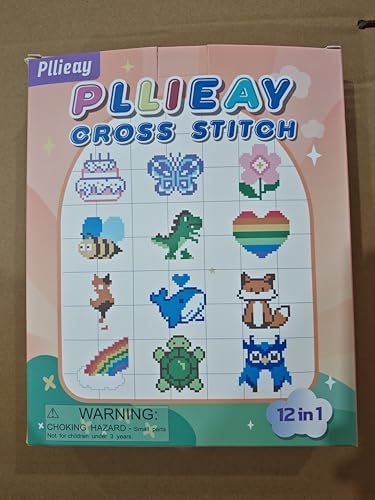 Pllieay Cross Stitch Kits for Beginners 12in1 Cross Stitch Kits for Kids Embroidery Kit Includes 12pcs Blank Plastic Mesh Canvas, 16 Yarns, 6 Embroidery Needles, Needlepoints Starter Sewing Set