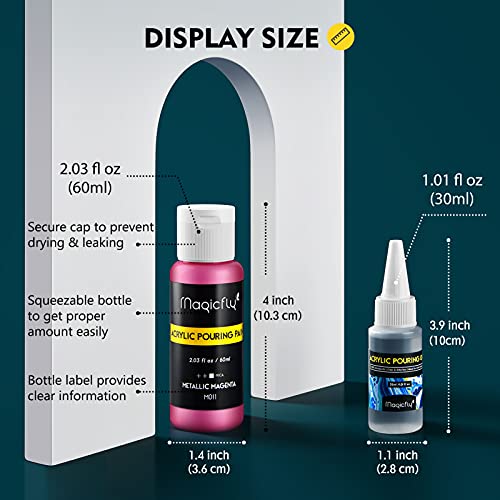 Magicfly Metallic Acrylic Pouring Paint with Acrylic Pouring Oil, 14 Metallic Colors(60 ml/2 oz) Pre-Mixed High Flow Pour Paint for Halloween Decorations, Acrylic Pouring Paint Supplies for Canvas, Wood, Rocks & More