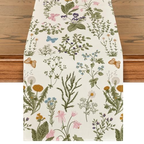 Mode Wildflowers Floral Spring Table Runner, Seasonal Summer Butterfly Kitchen Dining Table Decoration for Home Party 13x72 Inch