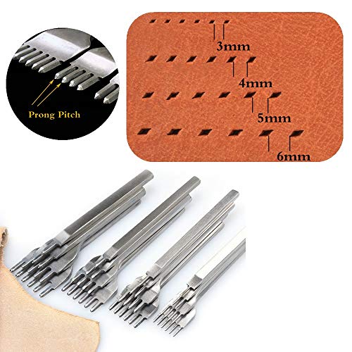 Aiskaer Leather Stitching Punch Diamond Stitching Chisel Set, 4mm White Steel 1/2/4/6 Prong for Leather Craft DIY