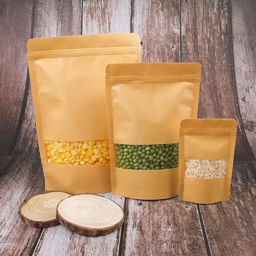 Moretoes Stand Up Pouches, Kraft Paper Bags with Window for Coffee, Brown Resealable and Ziplock Stand Up Bags for Home or Business, 7×10 Inches for Packaging, 72pcs