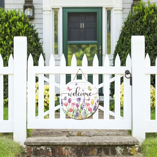 Summer Flower Welcome Door Sign Tulip Wooden Hanging Sign Floral Butterfly Door Hanger Sign for Spring Summer Holiday Indoor Outdoor Farmhouse Home Porch Window Decor