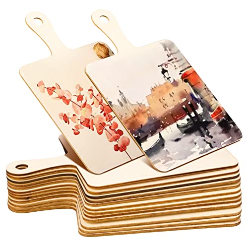12 PCS Wooden Mini Cutting Board with Handle,Rectangle Unfinished Wood Craft Paddle Serving Tray Chopping Board Cutout for DIY Thanksgiving Christmas Home Kitchen Fruit Decor (9.1 x 5.5 Inch)