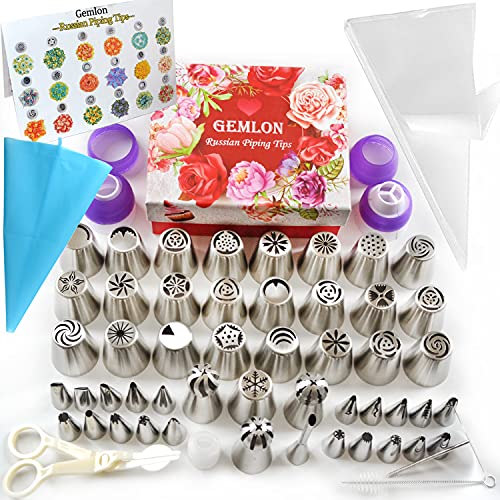 GEMLON Russian Piping Tips Cake Decorating Supplies 88 Baking Supplies Set 49 Icing Piping Tips 3 Russian Ball Piping Tip, Flower Frosting Tips, Bakes Flower Nozzles Large Cupcake Decorating Kit
