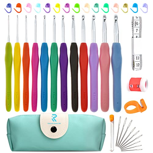 Crochet Hooks Set, RealPlus 12 Sizes Crochet Hooks Set for Arthritic Hands, Ergonomic Soft Grip Handles, Crochet Kit for Beginners, Christmas Gifts for Women, Large Crochet Needle with Blue Case