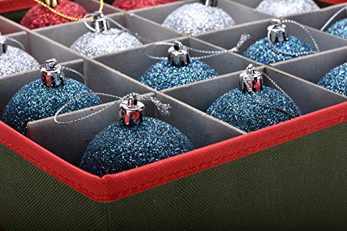 Christmas Ornament Storage - Stores up to 64 Holiday Ornaments, Adjustable Dividers, Covered Top, Two Handles. Attractive Storage Box Keeps Holiday Decorations Clean and Dry for Next Season. (Green)