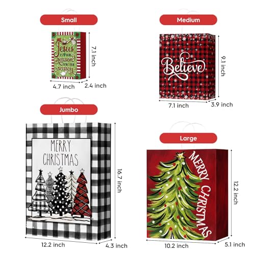 Horaldaily 24 Christmas Gift Paper Bags Bulk with handles Wrapping Xmas Holiday Presents(6 Jumbo,6 Large,6 Medium,6 Small)