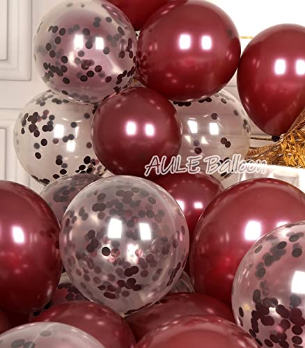 AULE Party Balloons Pack of 42 - Metallic Burgundy Balloons and Confetti Latex Helium Balloons With 64ft Ribbons - 12 Inch Mroon Chrome Balloon Decoration Set