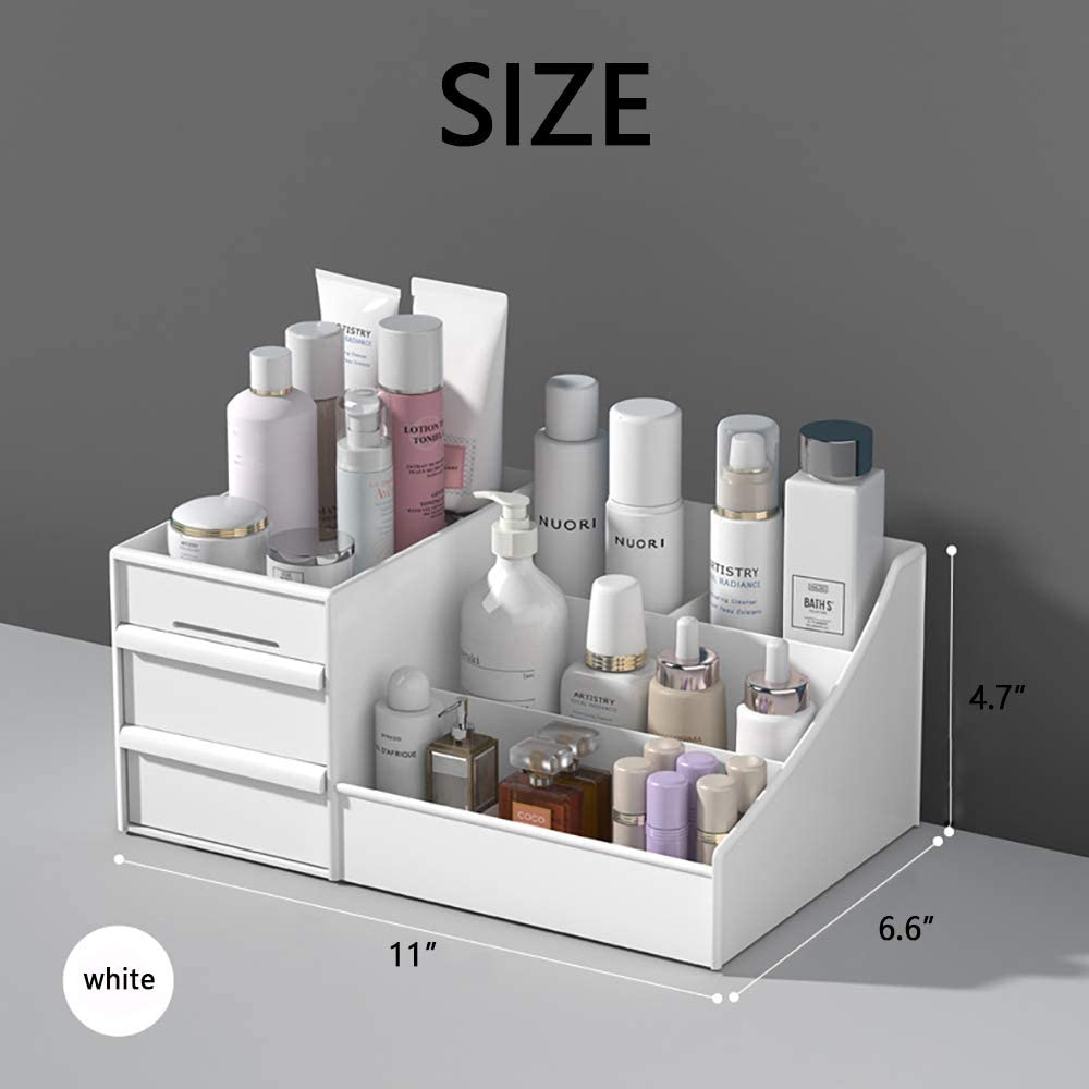 skin care organizer,Makeup Desk Organizer With Drawers,Countertop Organizer for Cosmetics,Vanity brush with Holder for Lipstick, Brushes, Eyeshadow, and Jewelry Desktop Finishing Dresser (White)