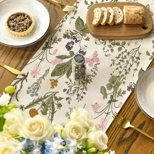 Mode Wildflowers Floral Spring Table Runner, Seasonal Summer Butterfly Kitchen Dining Table Decoration for Home Party 13x72 Inch