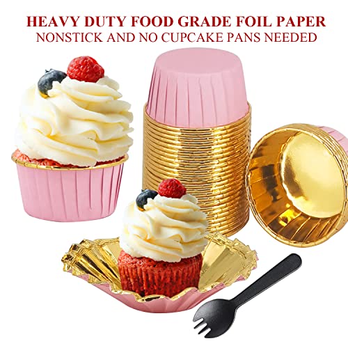 Cupcake Liners And Wrapers With Lids 50 Pack,LNYZQUS 5.5 Oz Large Foil Muffin Tins Or Liners,Disposable Baking Cups, Cupcake Wrappers Holders For Wedding Valentine-Pink in gold