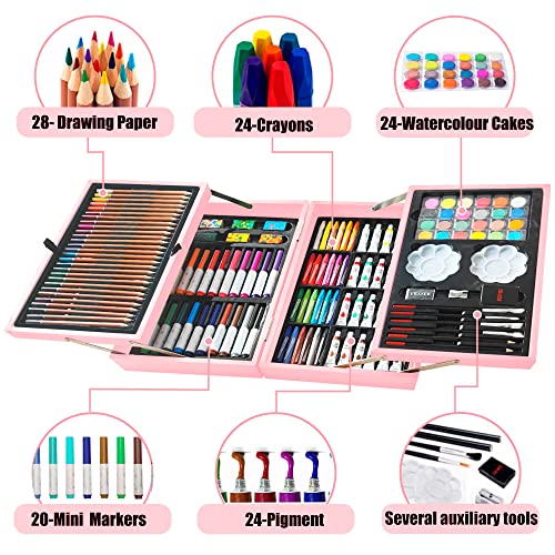 KINSPORY Art Gift for Kids, Art Supplies Case - 139 Piece Art Sets & Crafts Kit with Sketch Pads, Deluxe Wooden Box for Artist Beginners Girls Boys (Rose Pink)