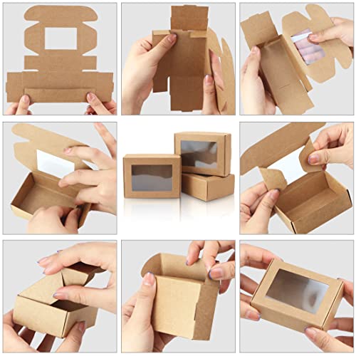 BadenBach 50 Pack Small Rectangle Kraft Paper Boxes with Clear Windows,3.33" x 2.35" x 1.18",Mini Soap Present Treat Gift Box for Bakery Candy,Chocolate Packaging Jewelry Display Wedding Party Favor (Brown)