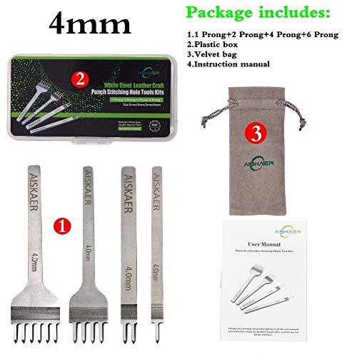 Aiskaer Leather Stitching Punch Diamond Stitching Chisel Set, 4mm White Steel 1/2/4/6 Prong for Leather Craft DIY