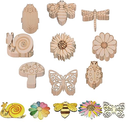 54PCS Unfinished Blank Wooden Cutouts Craft for Kids,Suit for Children's Painting DIY Room Decoration Gift Giving Surprise (54 Insect)