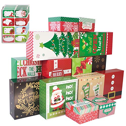 party funny 14 Decorative Christmas Gift Boxes with Lids and 80-Count Foil Christmas Gift Tag Stickers (Assorted size,6 Rectangle,4 Square, 4 Small Square)