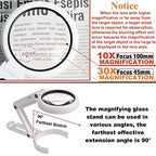 30X 10X Magnifying Glass with Light and Stand, Foldable Handheld Magnifying Glass & 2 Level Dimmable for Close Work, Macular Degeneration, Seniors Reading, Powered by Battery or USB