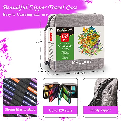 KALOUR 132 Colored Pencils Set,with Adult Coloring Book and Sketch Book,Artists Colorless Blender,Zipper Travel Case,Soft Core,Ideal for Drawing Sketching Shading,Art Supplies for Beginners Kids