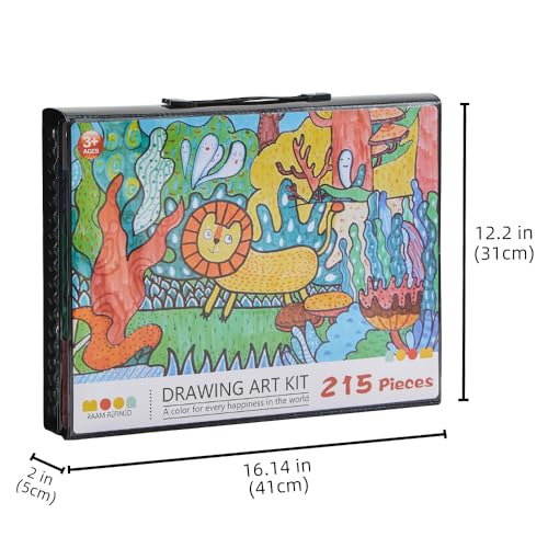 Art Supplies, 215-Piece Art Set Crafts Drawing Kit with Trifold Easel, Includes Preprinted Paper, Oil Pastels, Crayons, Colored Pencils, Smock & More Gifts for Girls Boys Teen Ages 4-6-8-9-12