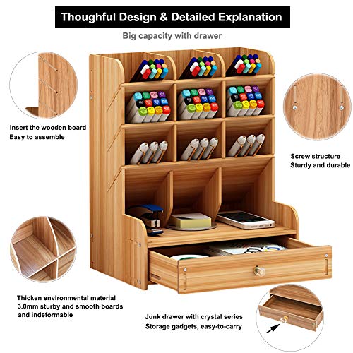 Marbrasse Wooden Desk Organizer, Multi-Functional DIY Pen Holder, Organizer for desk, Desktop Stationary, Easy Assembly, Home Office Art Supplies Storage with Drawer (B11-Cherry Color)