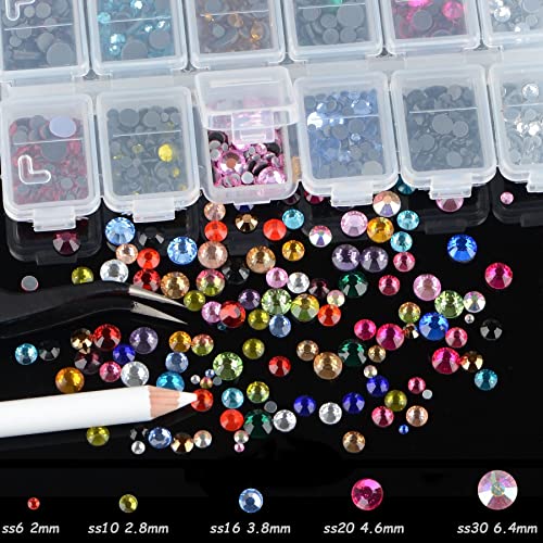 FYGEM 7000 pieces 5 Sizes Hotfix Iron Flatback Glasses Rhinestones Crystal for DIY Project with Tweezers and Picking Pen for Bags, Shoes, Clothes and Manicure (5 Sizes, 22-Colors) (FYGEM#0022)