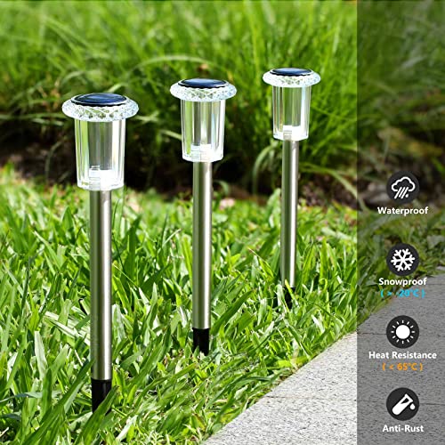 DenicMic Solar Pathway Lights 10 Pack Solar Lights Outdoor Waterproof Stainless Steel Garden Stake Lights for Pathway, Walkway, Driveway, Yard, Garden Decor (Warm White)