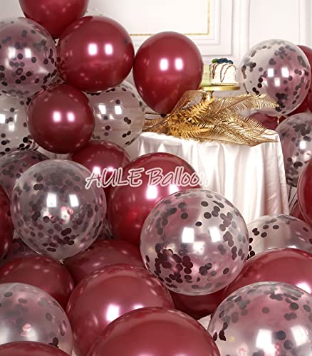 AULE Party Balloons Pack of 42 - Metallic Burgundy Balloons and Confetti Latex Helium Balloons With 64ft Ribbons - 12 Inch Mroon Chrome Balloon Decoration Set