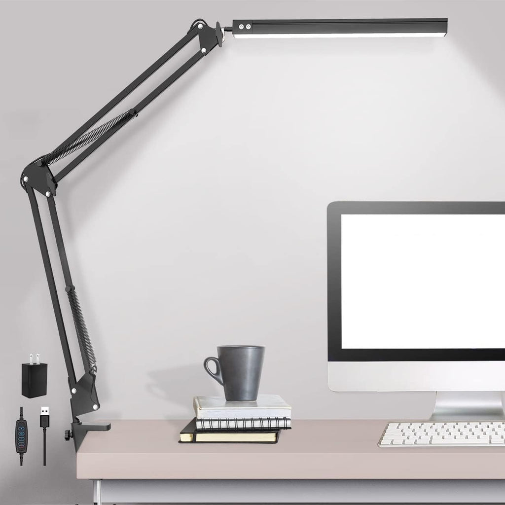 LED Desk Lamp with Clamp, 3 Color Modes Architect Modern Swing Arm Lamp Desk Light, Dimmable Eye-Care Table Light, Memory Function, Task, Study, Reading, Work, Craft, Sewing, Drafting, Home Office 10W