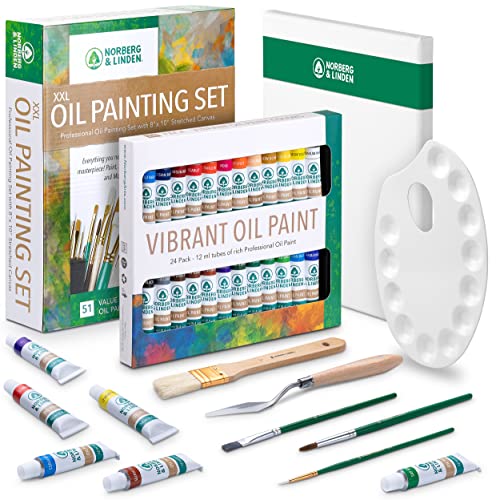 Norberg & Linden XXL Oil Paint Set - 24 Paints, 25 Brushes, 1 Canvas, and Art Palette - Oil Painting Supplies for Kids and Adults, Paint Supplies