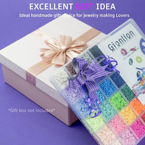 Gionlion 6000 Pcs Clay Beads for Bracelet Making, 24 Colors Flat Round Polymer Clay Beads 6mm Spacer Heishi Beads with Pendant Charms Kit and Elastic Strings for Jewelry Making Kit Bracelets Necklace