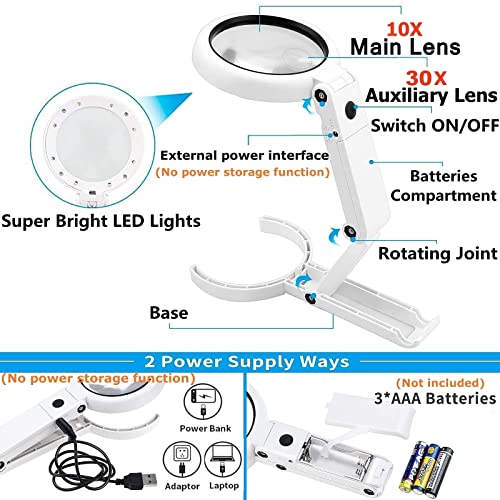 30X 10X Magnifying Glass with Light and Stand, Foldable Handheld Magnifying Glass & 2 Level Dimmable for Close Work, Macular Degeneration, Seniors Reading, Powered by Battery or USB