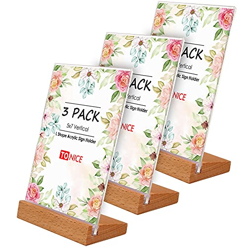 TONICE® 3 Pack 5x7 Acrylic Sign Holder Slant Back Design L Shape Clear Acrylic Frames Wood Base, Table Menu Display Stand Flyer Display for Desk Display (Optional 8.5x11/5x7 Inch L/T Shape)