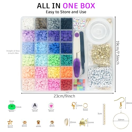 Gionlion 6000 Pcs Clay Beads for Bracelet Making, 24 Colors Flat Round Polymer Clay Beads 6mm Spacer Heishi Beads with Pendant Charms Kit and Elastic Strings for Jewelry Making Kit Bracelets Necklace