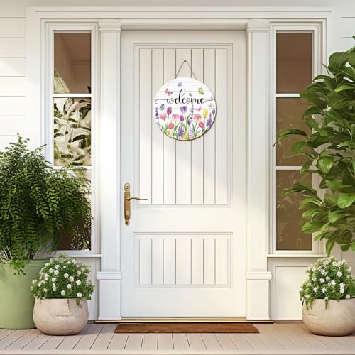 Summer Flower Welcome Door Sign Tulip Wooden Hanging Sign Floral Butterfly Door Hanger Sign for Spring Summer Holiday Indoor Outdoor Farmhouse Home Porch Window Decor