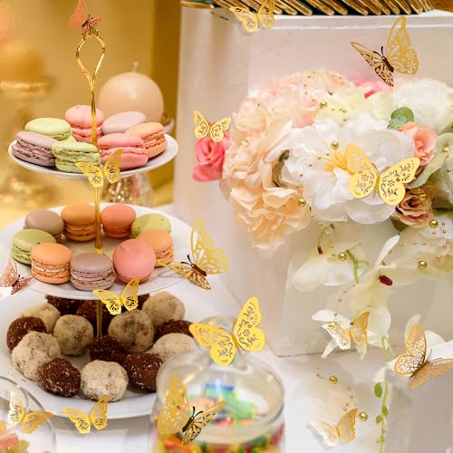 Crosize 48 Pcs Gold Butterfly Decorations, 4 Styles 3 Sizes, Butterfly Wall Decor, 3D Butterfly Party Decorations, Butterflies for Crafts, Bouquet, Cake Decorating, Flower Arrangements, Room Décor