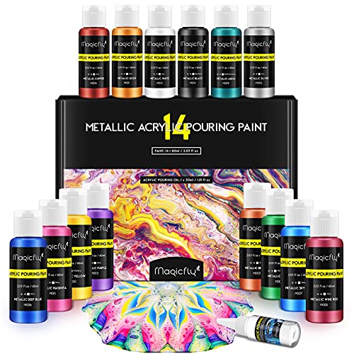 Magicfly Metallic Acrylic Pouring Paint with Acrylic Pouring Oil, 14 Metallic Colors(60 ml/2 oz) Pre-Mixed High Flow Pour Paint for Halloween Decorations, Acrylic Pouring Paint Supplies for Canvas, Wood, Rocks & More