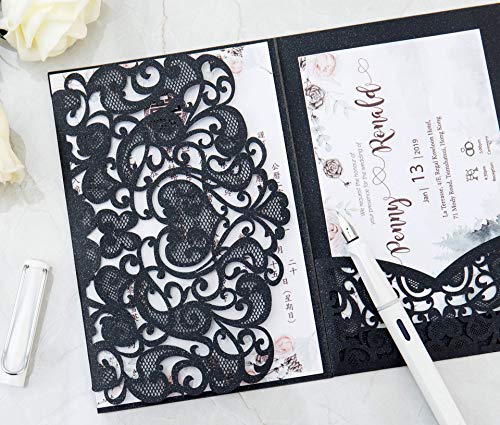 NC Cylallen 50 Sets Tri fold Love Hollow Laser cut Pocket Wedding Invite Invitation Card Jacket for Party Birthday Quinceañera Invite 4.92 by 7.28 inches (Black, Only Invitation cover)