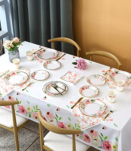 Floral Paper Plates and Napkins Party Supplies - Serves 16 - Flower Plates Floral Party Cups Knifes Forks Floral Baby Shower Decorations for Girl Pink and Gold Bridal Shower Tea Party Birthday