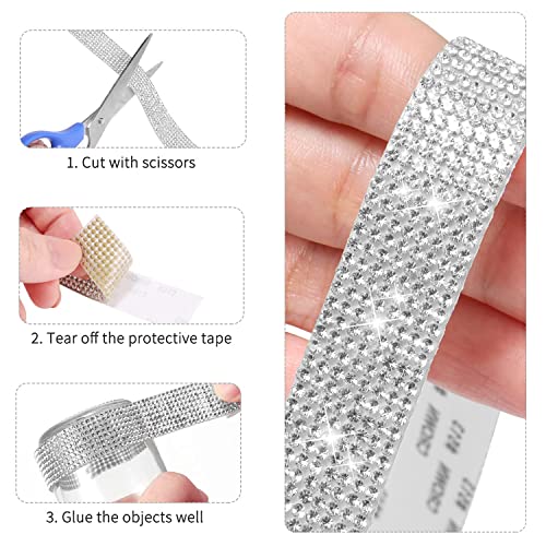 EANLOLY 4 Rolls Self-Adhesive Crystal Rhinestone Ribbon, Diamond Bling Ribbons with 2 mm Rhinestones Sticker for Arts Crafts Wedding Birthday Party DIY Event Car Phone Decoration(Silver)
